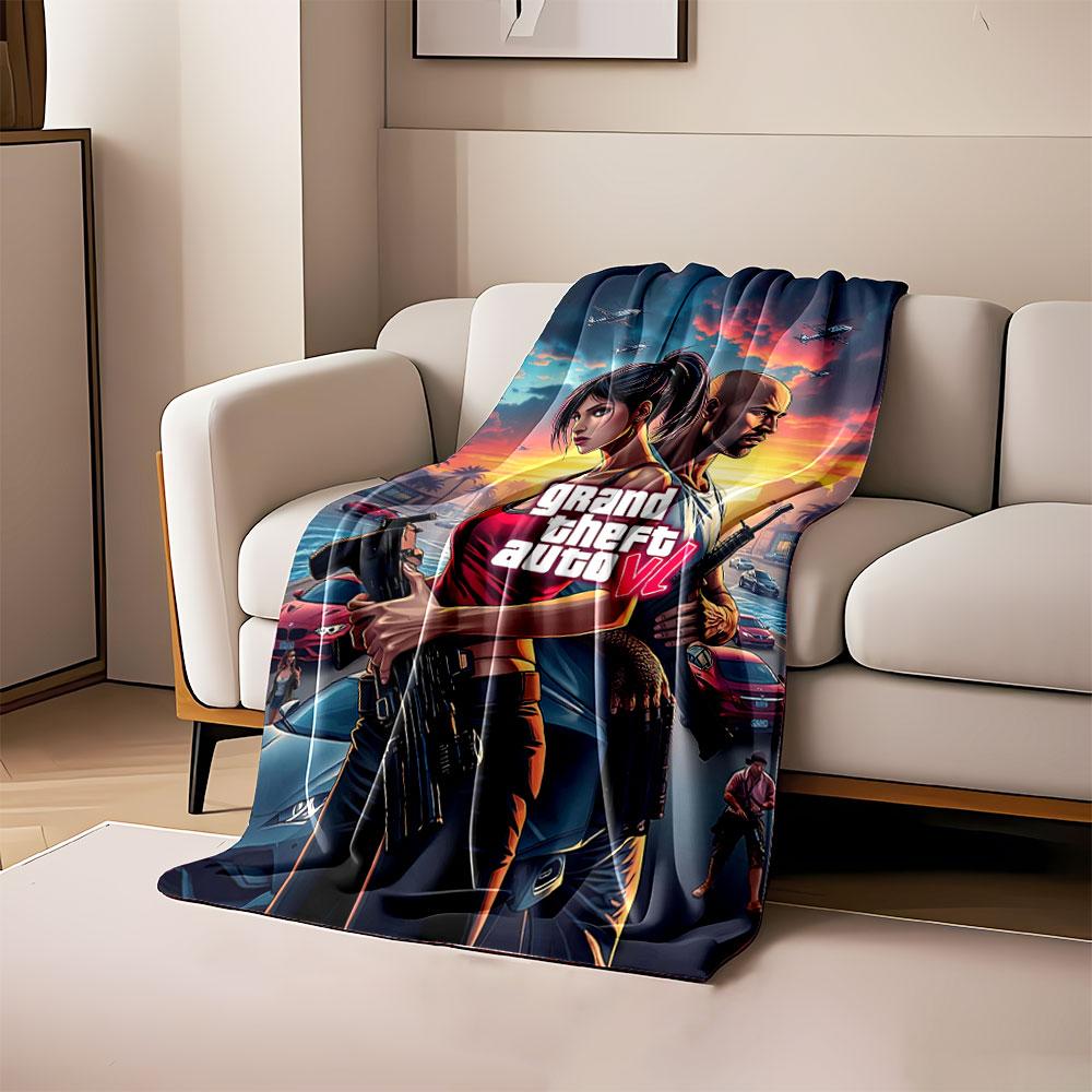 

Stylized action scene with armed characters, cars, helicopters, and sunset. for all seasons blanket lunch break throw gift 80cm x 120cm
