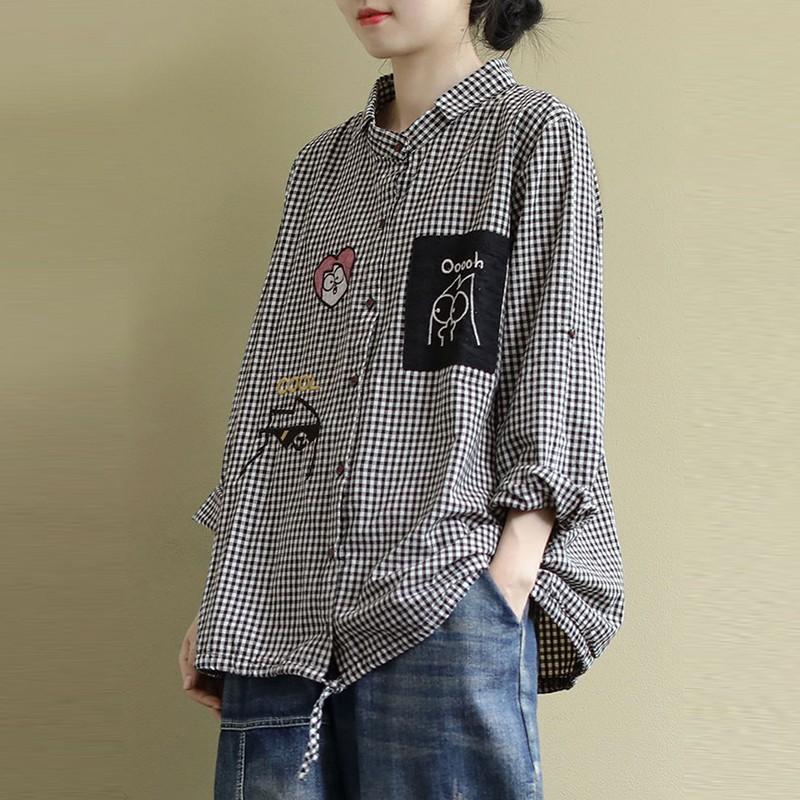 Camisa Casual para Mujer Estilo Coreano Vintage Estampado a Cuadros Bordado de Dibujos Animados Oversize Femenina Mujer Blusas Camisas