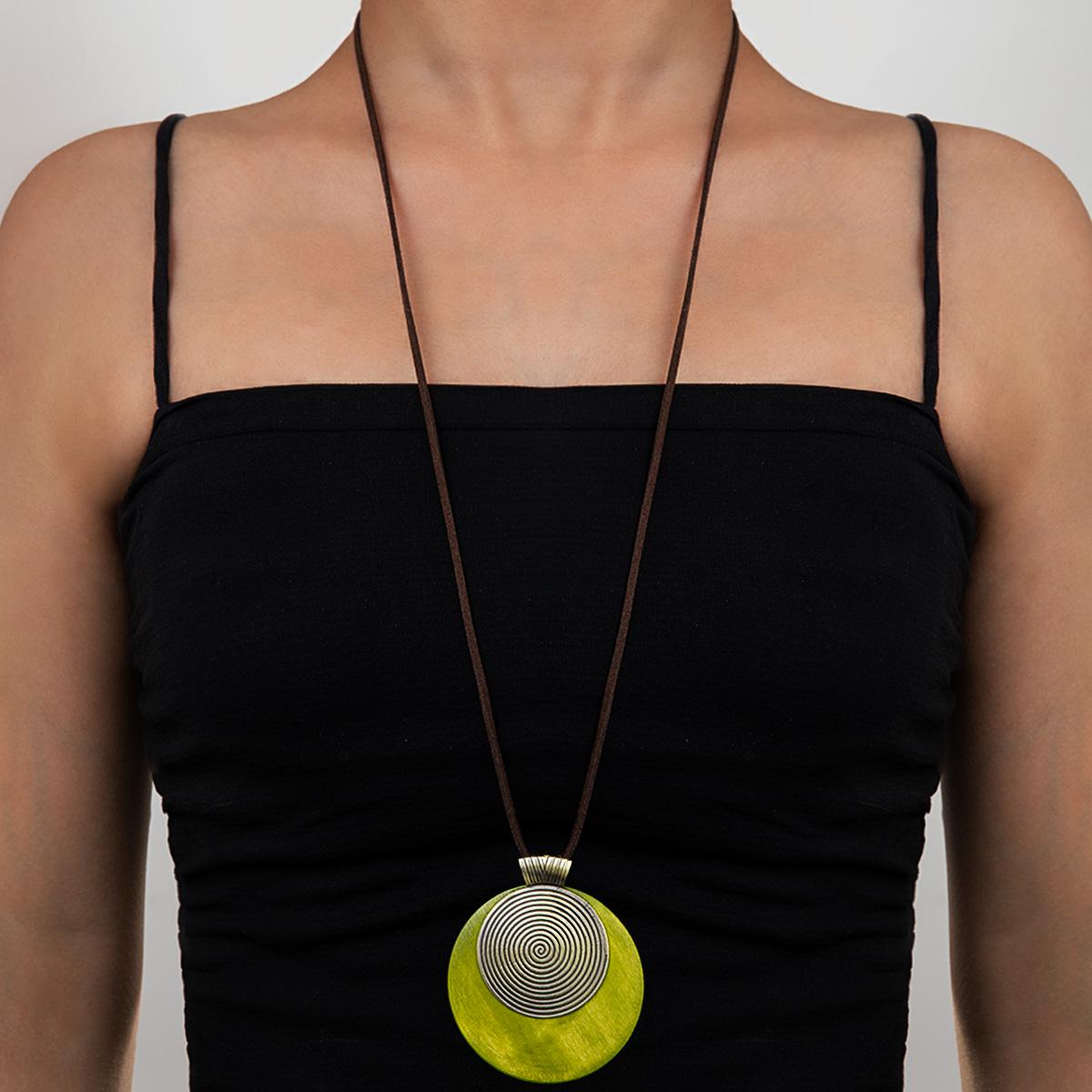 1 Bohemian spiral patterned circular wooden pendant with leather rope, long women s necklace
