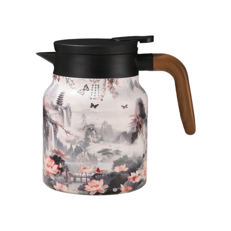 1000ml Retro Floral Nonrust Steel Teas Kettles With Wooden Handle And Filter For Hot Beverages