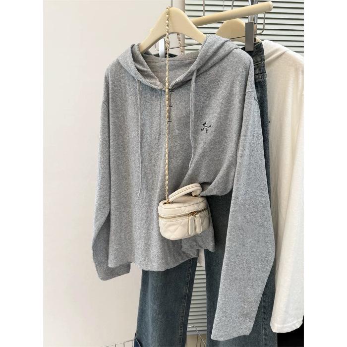 

2025 Spring/Autumn Women s European-Style Hooded Long-Sleeve Cotton T-Shirt: Chic & Casual Inner Layer Top 3X-Large серый
