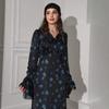 Elegant Autumn 2025 Retro Print Dress with Ruffled Sleeves and Waist-Cinching Design - European & American Style