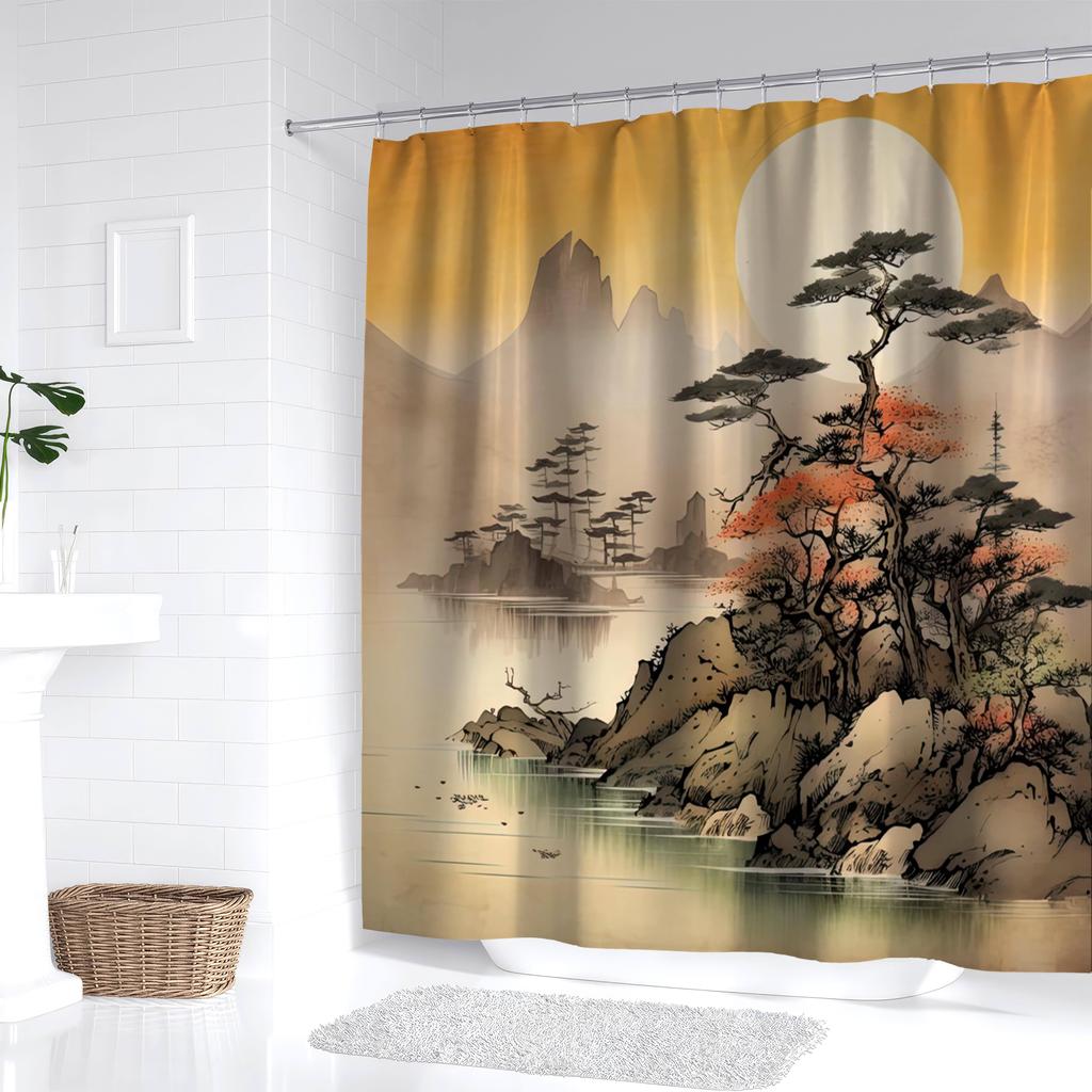 1Pc Asian-Inspired Ink Painting Scenic Mountains & Trees Shower Curtain, Digital Print, Bathroom Decor, Shower Curtains