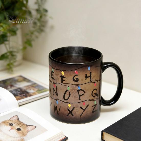 Durable Ceramic Coffee Mug Retro Colorful String Light Alphabet Cup Color Changing 3D Effect Heat Transfer Rustic Sensitive for Hot Cocoa Tea