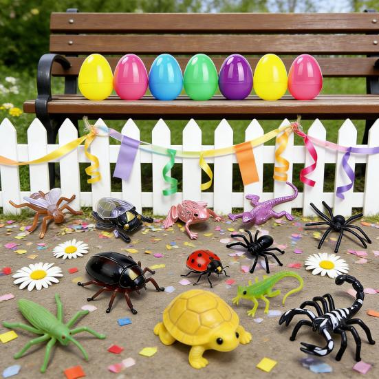24Pcs Prefilled Easter Eggs Party Favors Eggs with Insect And Frog Toys Inside Easter Basket Stuffers for Egg Hunt Kids Toddler Gifts