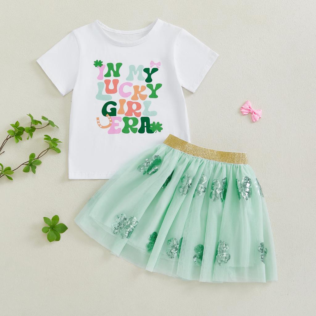 Toddler Girls 2Pcs Spring Outfits Short Sleeve Letter Print Sweatshirt + Tulle Skirt Set Kids Irish Clothes