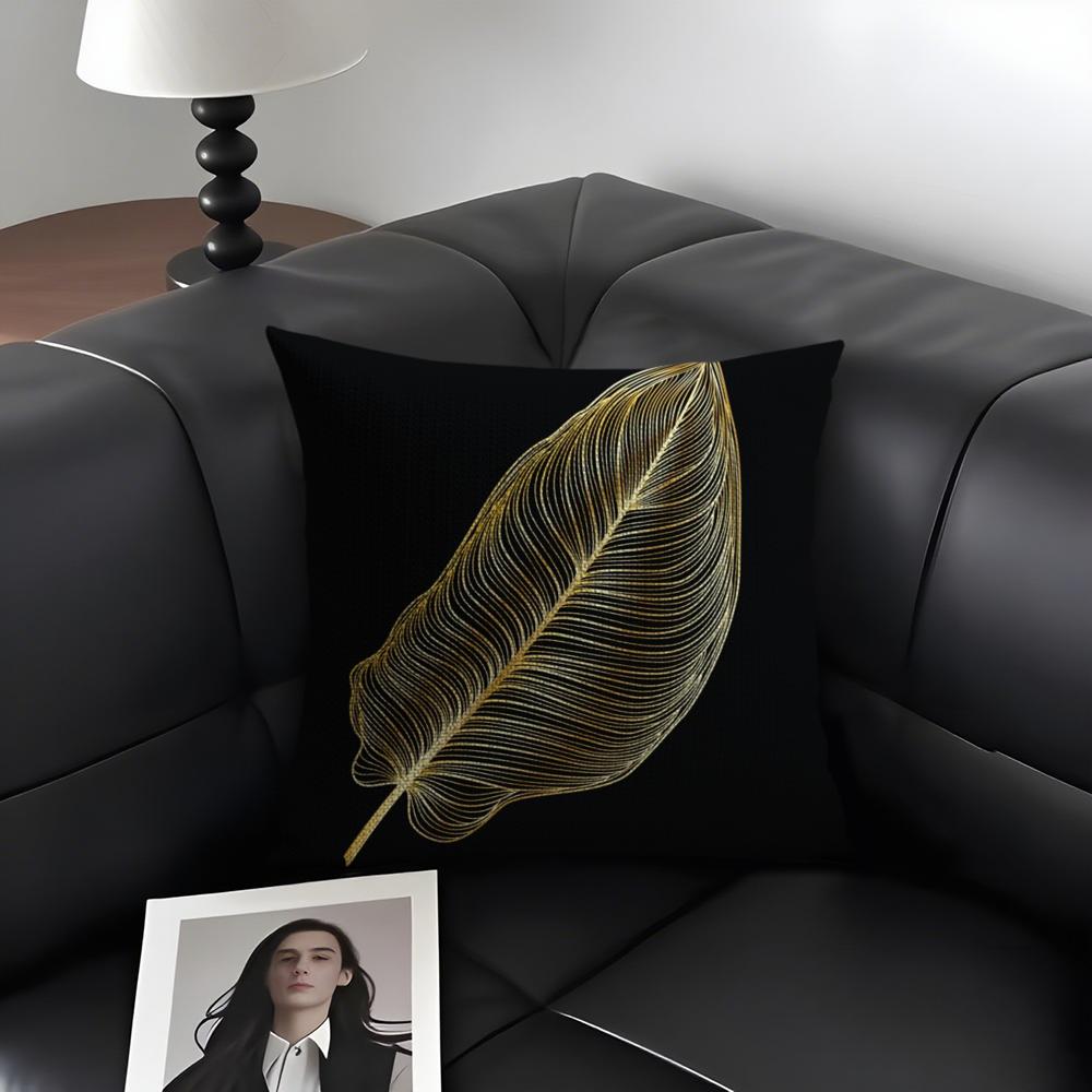 Golden Leaf Branch Pattern Cushion Cover Natural Linen Organic Fabric DoubleSided Printing Sofa Home Decor Gift Pillow Case