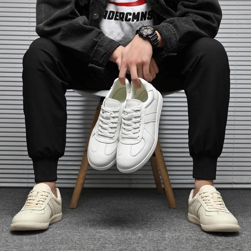 Europe Men Genuine Leather Casual Shoes White Flat Skate Shoes Street Fashion Lace-up Sneaker