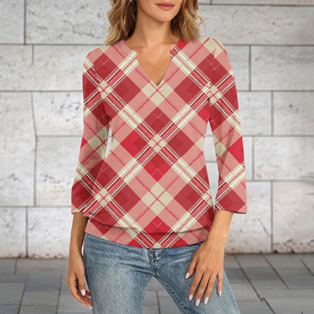 Damen 3/4 Ärmel Oberteil Saum V-Ausschnitt Sommer Lässig Hemd Kariert Bedrucktes Oberteil