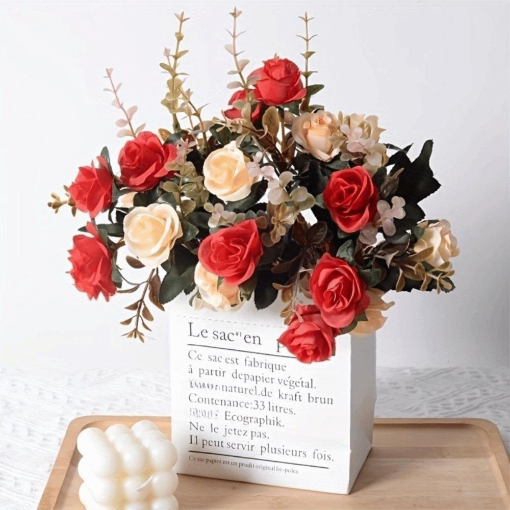 12 Köpfe Rose Künstliche Blumen Simulation Zweifarbig Kunstrosen Blumensträuße mit Stielen Anordnung Blume