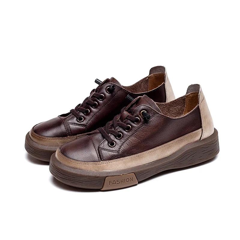 Genuine Leather Retro Women Sneakers Casual Lace Up Flat Ladies Shoes Fashion Breathable Comfort Women's Flat Shoes