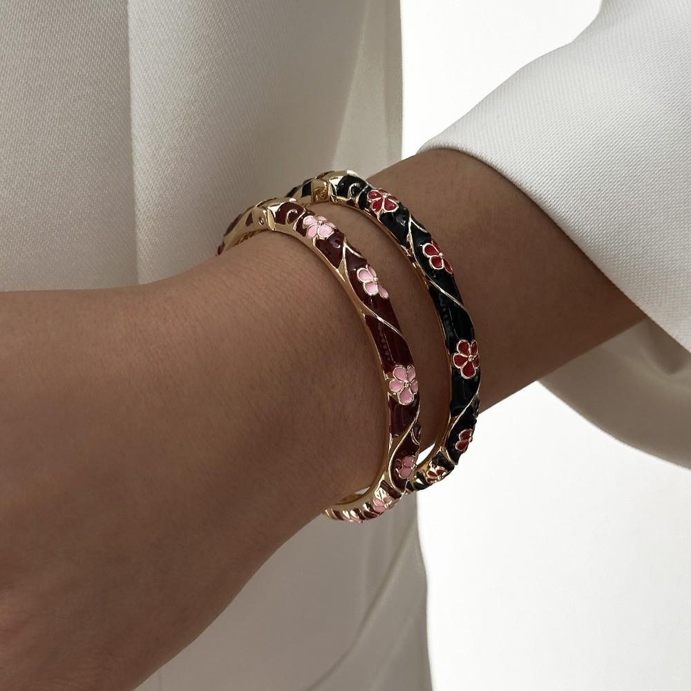 Romantic Red Floral Hand Cuff Bangle Dripping Oil Chinese Cloisonne Bracelet Lady