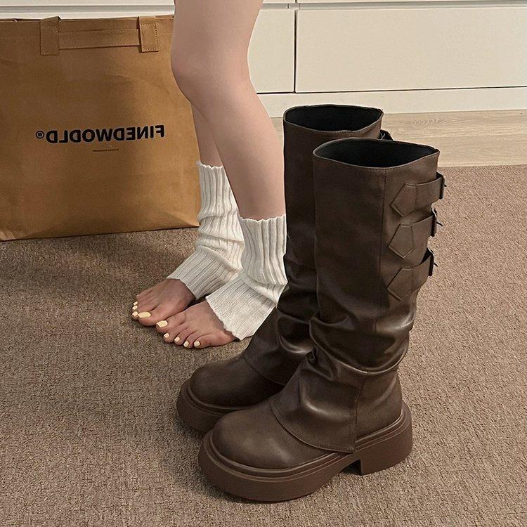 

Maillard плиссированные ботинки с высоким голенищем женские 2025 новые ботинки-брюки на толстой подошве-маффине, но рыцарские ботфорты до колена 39 хаки