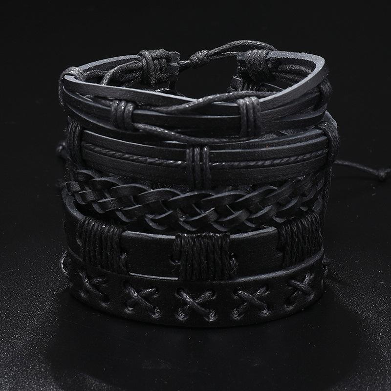 Set Of 6 Black Handmade Woven Pu Leather Bracelet For Men Multi Pack Fashion Vintage Braided Bangle As Birthday Gift