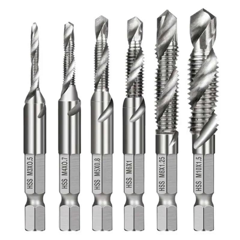 6 Pieces Hex Shank Spiral Flute Taps Set High Speed Steel Thread Cutting Drill Bits for Machine Tapping and Threading Applications