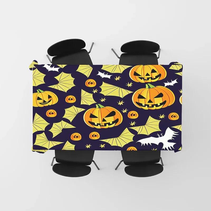 Spooky Pumpkin Bat Halloween Tablecloth Design for Kitchen Dining Room Decor – Washable Polyester Fabric Reusable Decoration