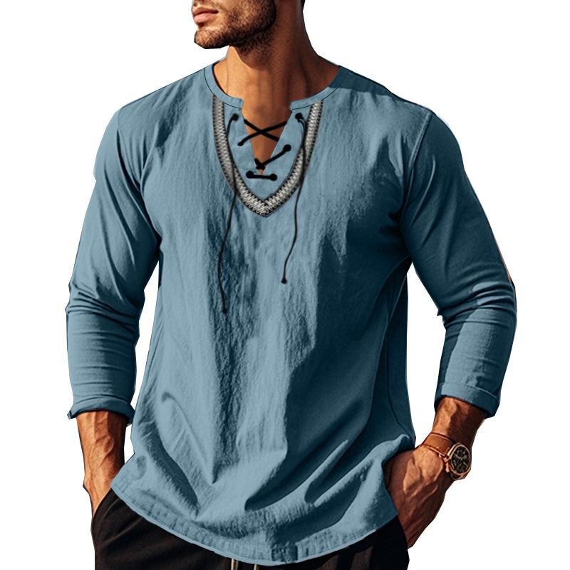 Herren Langarmshirt mit Henley-Kragen und Piraten-Motiv, Kordelzug, Baumwolle und Leinen, mit Schnürung, V-Ausschnitt, Hippie-Strand-Tops für Frühling und Sommer