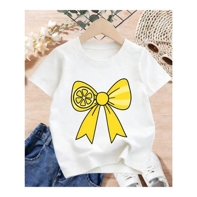 Europäische Größen Süßes zitronengelbes kurzärmeliges T-Shirt für Mädchen mit Schmetterlingsknotenmuster, Einfach und vielseitig