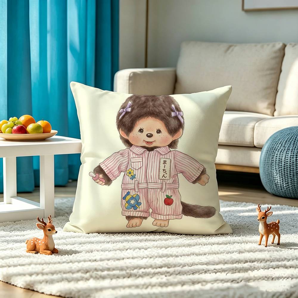 Cartoon M-M-Monchhichis Anime Square Double-Sided printed Pillow Case Bedroom Bedside Pillow Sofa Cushion Cover