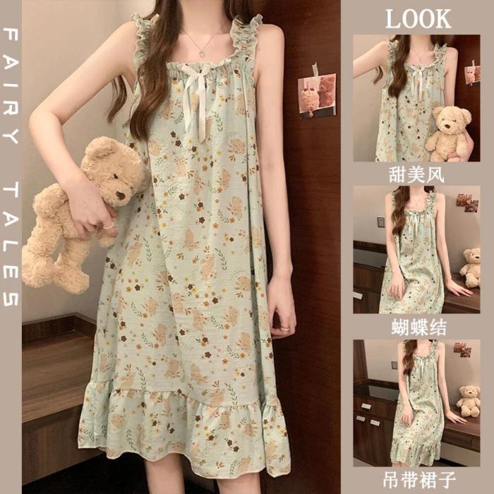 

Bow nightdress women s summer new sweet style Korean version loose printing comfortable thin suspender skirt loungewear XXL
