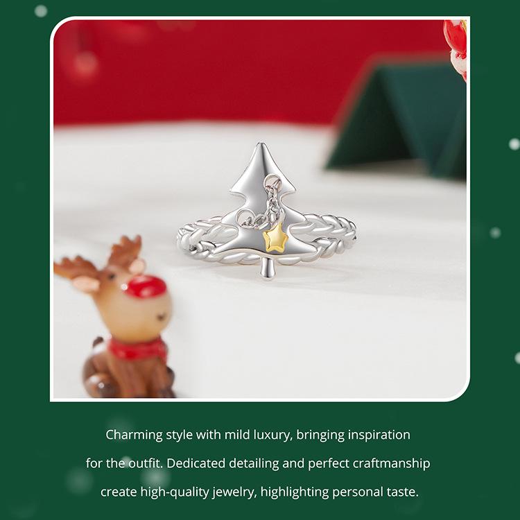 Everlove Adjustable Christmas Tree Open Ring - S925 Sterling Silver Holiday Jewelry for Women
