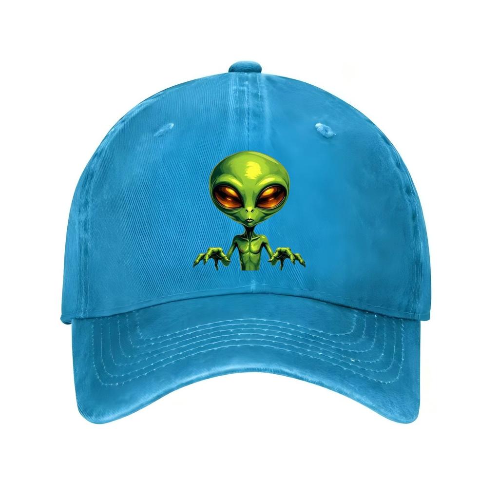 Green Alien Head Print Baseball Cap Unisex Cotton Adjustable Casual Outer Space Theme Hat