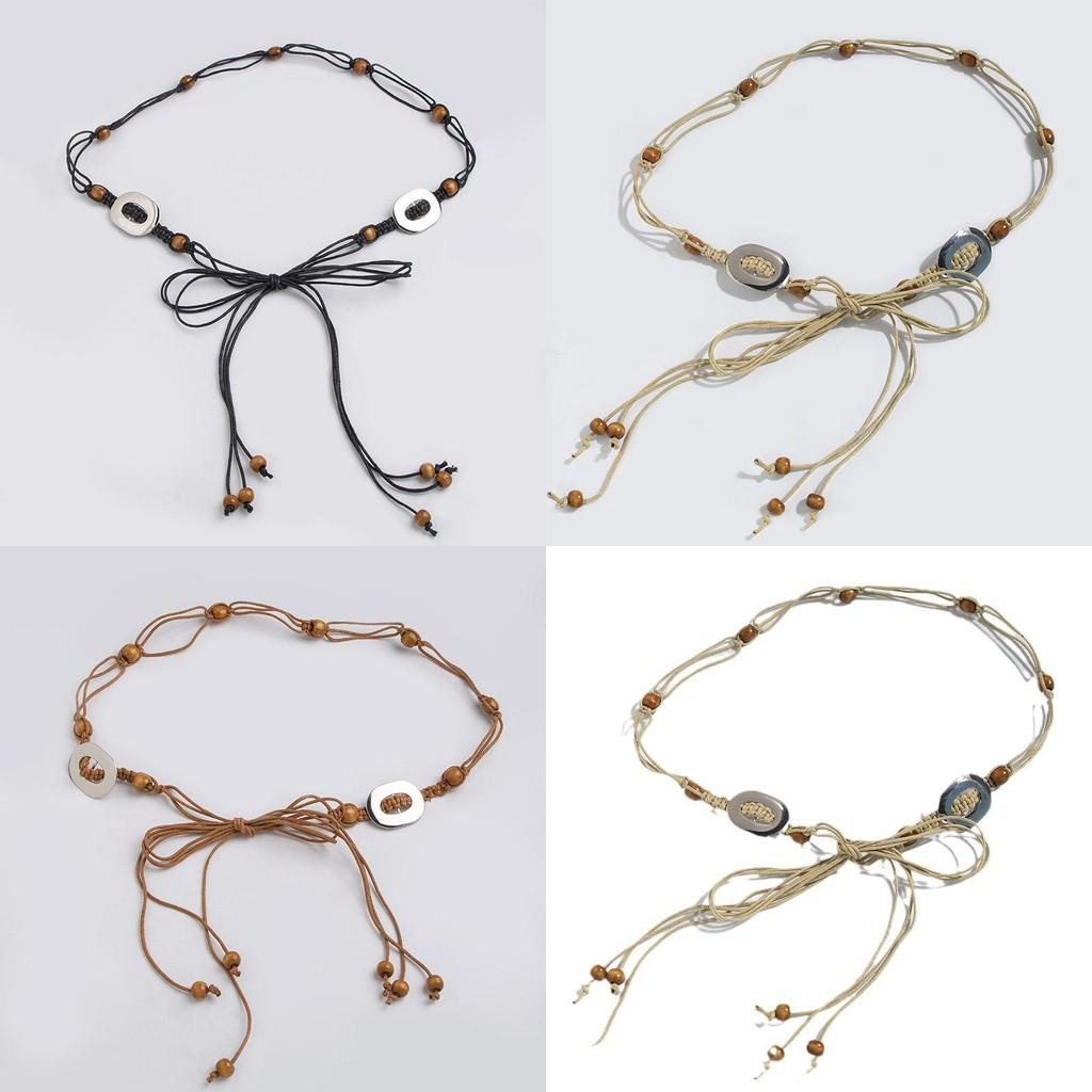 Ethnic Woven Waist Tie With Wooden Beads For Boho Chic Summer Dresses And Casual Looks