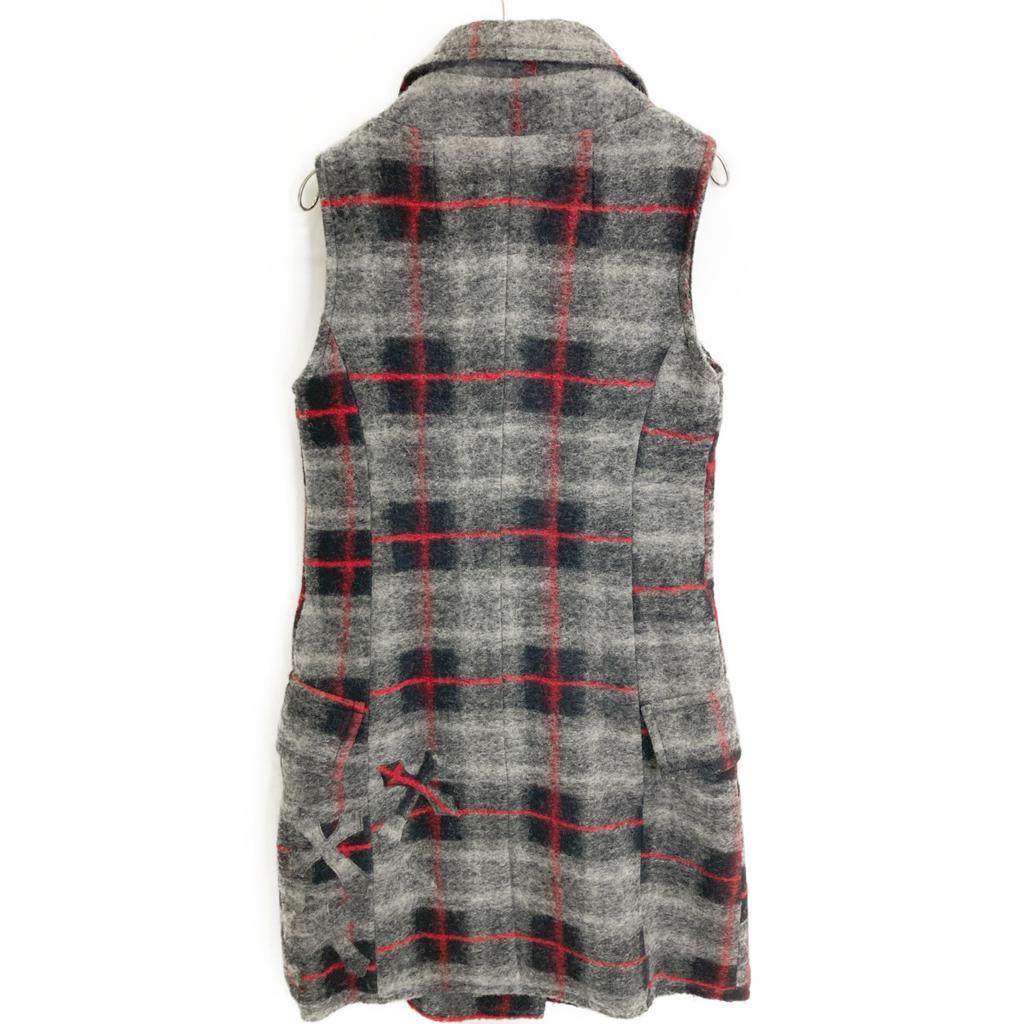 BAD SPIRIT Grey Wool Zip Quilted Double Breasted Gilet Coat Coat S Grey Black Red CheckUsed