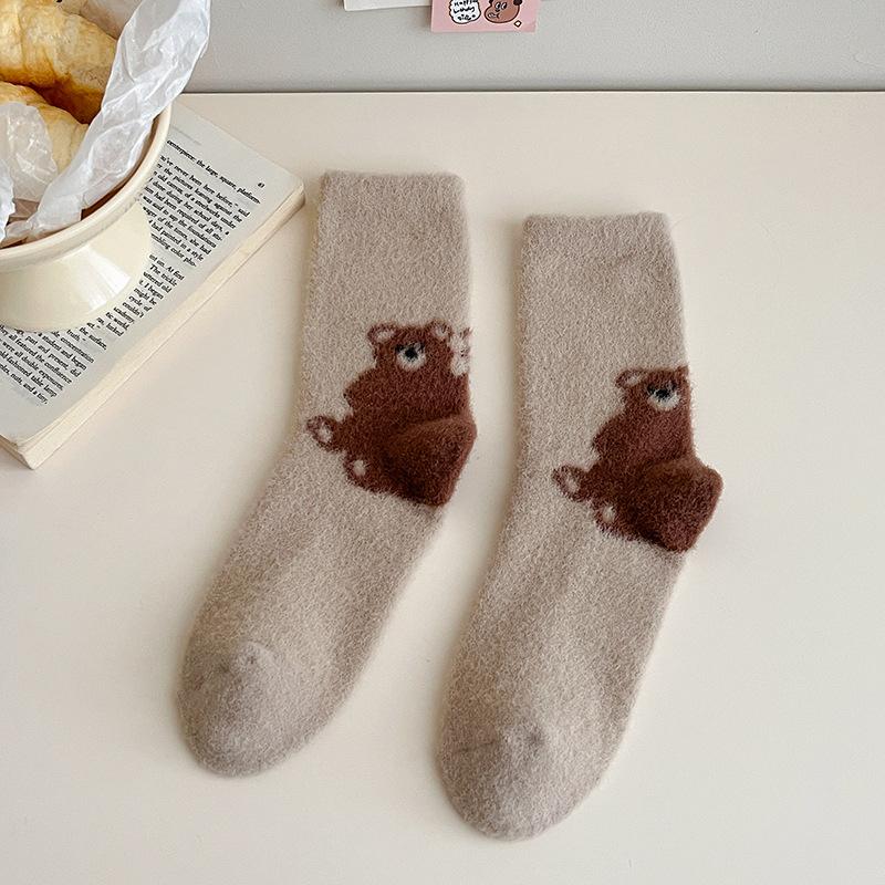 Heel Animal Australian Velvet Socks Women's Medium Tube Socks Autumn and Winter Thickened Plush Warm Plush Cute Sleeping Winter Socks