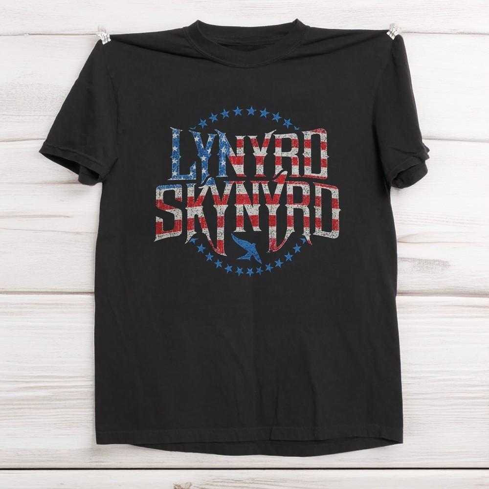 Rare! Lynyrd Skynyrd American Flag Logo Unisex Black T-shirt Size S-5XL