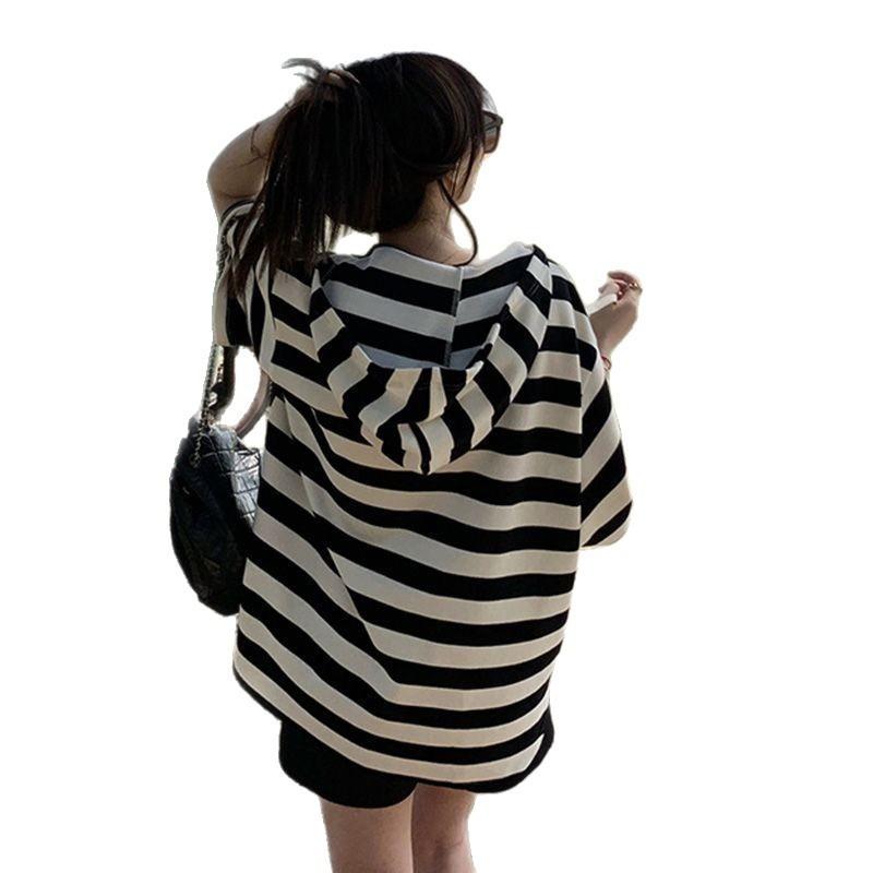 Loose Striped Hooded Short Sleeve Shirt Women's Summer Large Size Casual Small Chic Beautiful Short Top