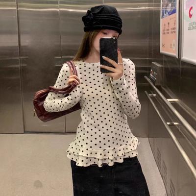 Mode Söt Prickig Långärmad Damblus Snygg Vit Vår Volangkant Baslinne Damer Elegant Smal Passform Lös Topp O-hals Kläder