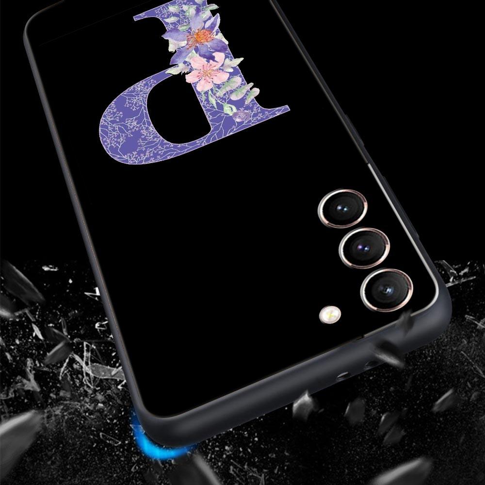 Letters Purple Flower Phone Case For Samsung Galaxy S26 Ultra S25 Plus S24 FE S23 S22 5G S21 S20 Cover Black Soft
