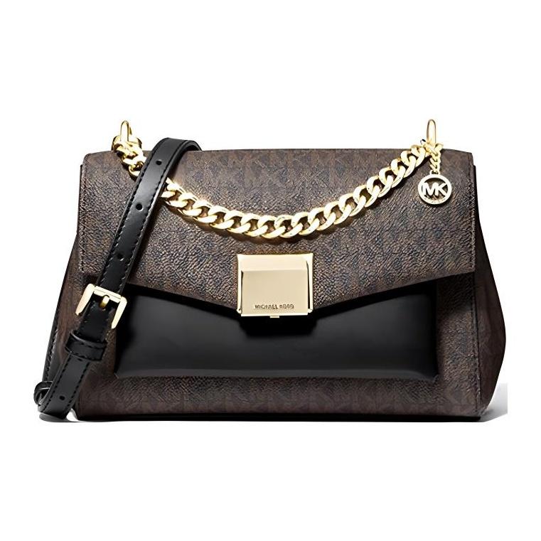 Michael Kors MK Lita Chain Monogram Gold Buckle Double Flap Commuter Canvas Shoulder Crossbody Bag Medium Women Bags Black Brown 35T0GXPL2B-BLACK