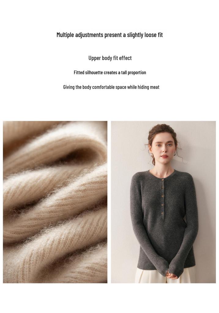 New Cashmere Wool Round Neck Single-Breasted Sweater - Versatile Loose Fit for Autumn/Winter