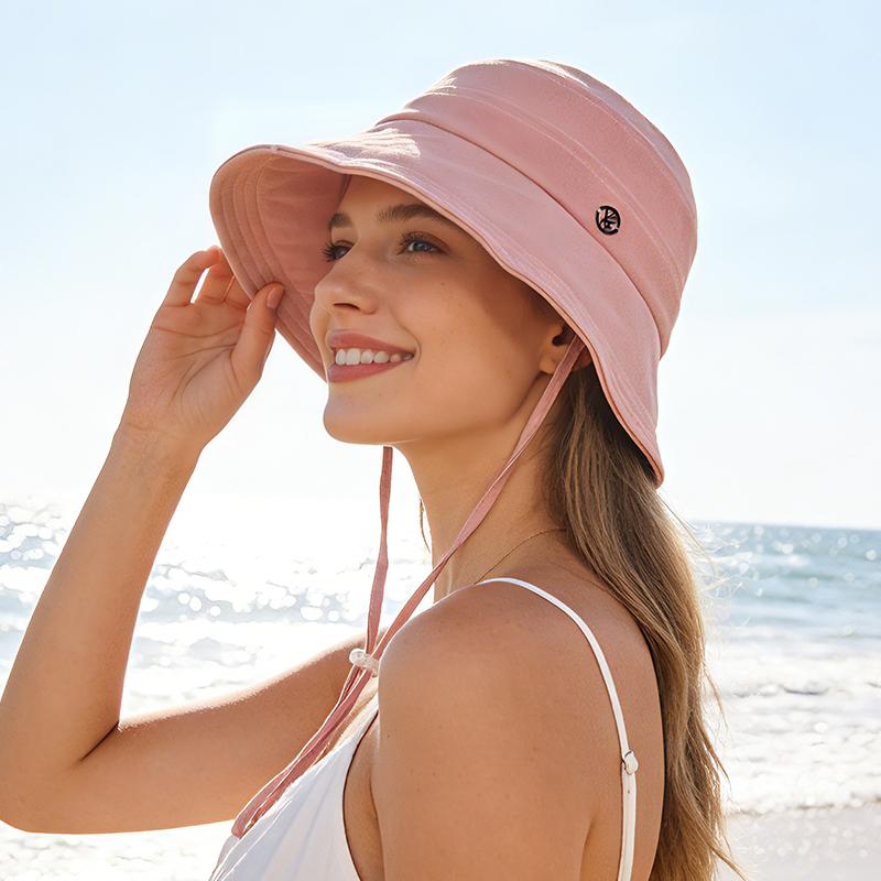 100% Katoen Zonnehoed met Brede Rand voor Dames, Strandhoed met UV-Bescherming en Verstelbaar Windtouwtje, Opvouwbare Ademende Zomerpet
