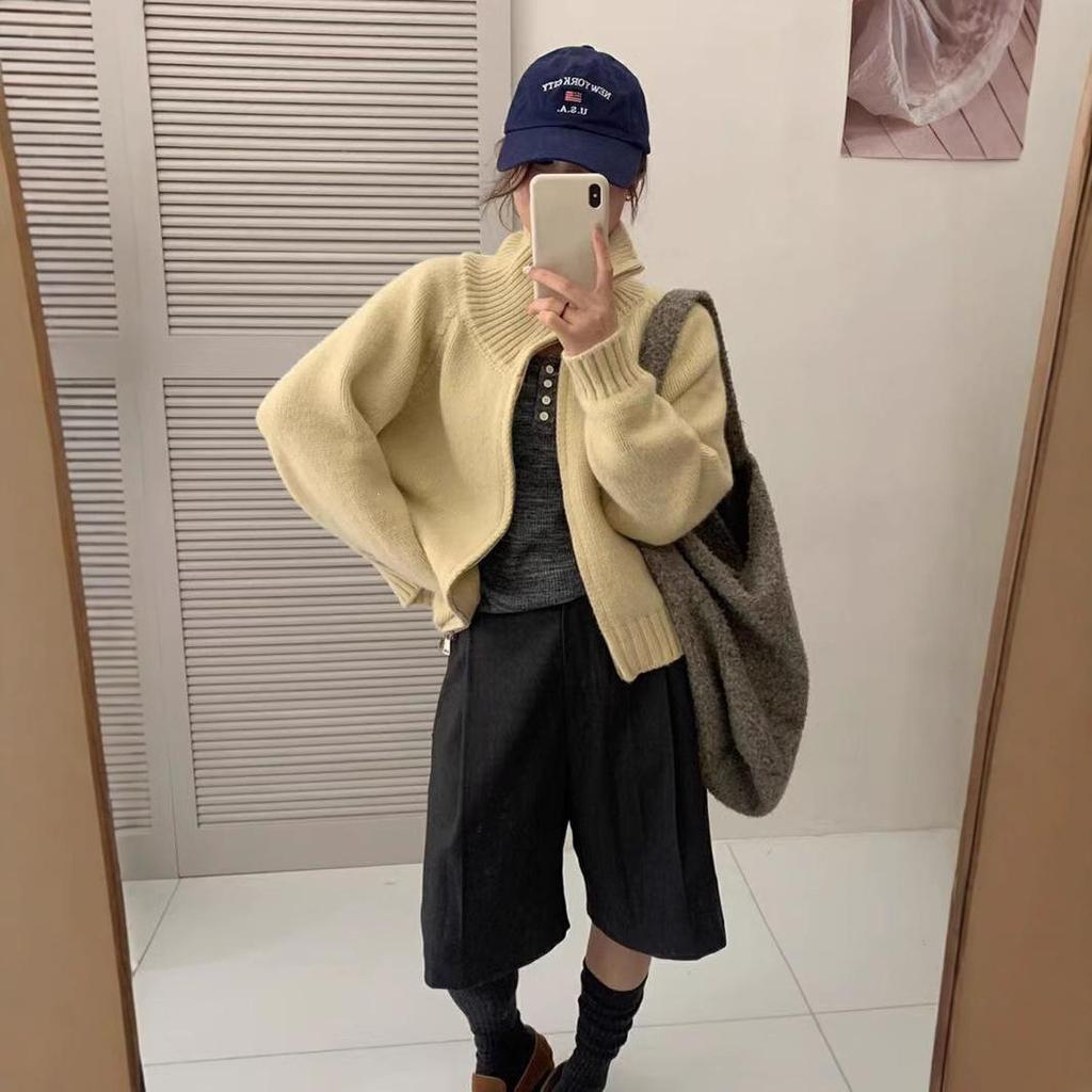 Women's Korean Style Stand Collar Double Zipper Knit Cardigan