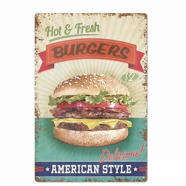 Delicious Hamburger Food Signs Metal Plaques Barbecue Kitchen Restaurant Shop Tin Sign Decorative Posters Retro Iron Painting