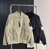 Mens Cotton Blend Bomber Jacket With Embroidered Patch Loose Fit Casual Outerwear Fall Winter