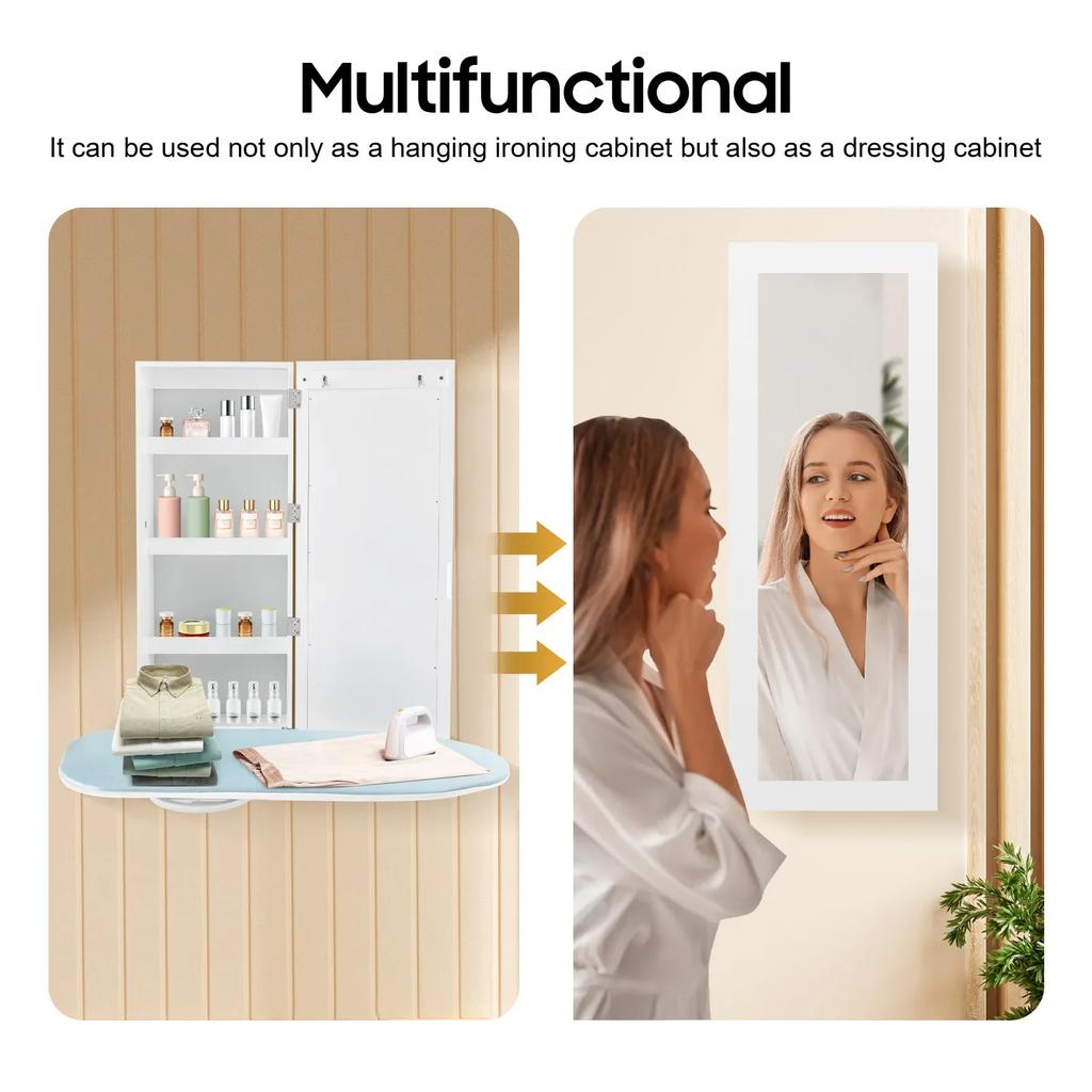 Wall Mount Ironing Board Cabinet with Mirror 180° Swivel Foldable Ironing Board w/ Storage for Home, Apartment and Small Spaces