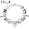 Pink Enamel Crystal Air Balloon Love Pendant Charm Bracelets for Women Girl Silver Plated Castle Minnie Bead Jewelry