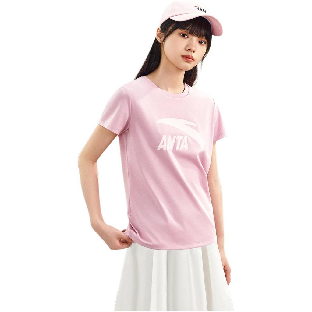 Anta Comfortable Casual Simple Versatile Round Neck Pullover Short Sleeve T-Shirt Women T-Shirts Pink 962528115-6