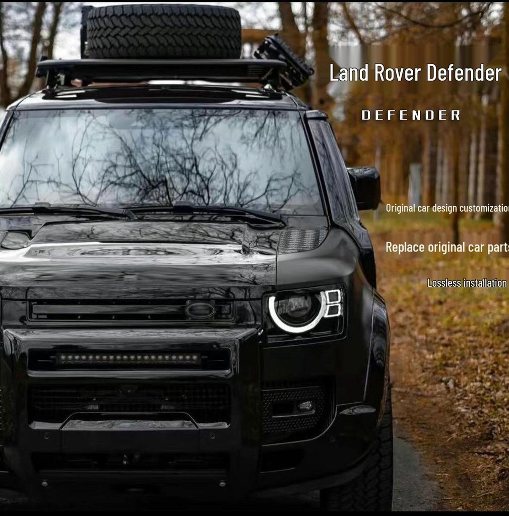 Matte Black Scratch-Resistant Off-Road Kit for New Defender 2020+: Rearview Mirror Cover, Front Bumper & Rear Taillight.