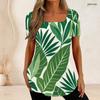 Women Plus Size U Neck Short Sleeve T Shirt White Tropical Floral Leaf Print Casual Top