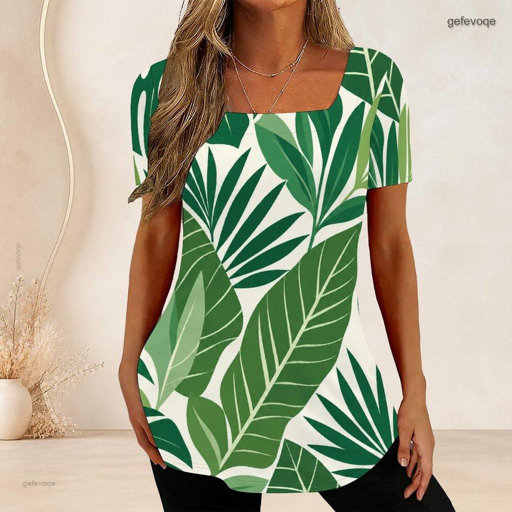 Women Plus Size U Neck Short Sleeve T Shirt White Tropical Floral Leaf Print Casual Top