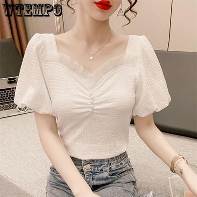 Brand Summer Women's Bubble Sleeve Square Collar Collar Shirt Slim High-waisted Short Top Pearl Decorated V-neck Short Sleeve Shirts
