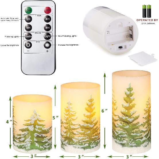 Christmas Flameless Candles with Timer, Battery Operated Wax Led Pillar Candles, Christmas Tree Flickering Candles for Holiday Home Decor, Gift Set