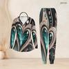 Women Plus Size Black Green Gold Printed Scrub Set V Neck Long Sleeve Pocket Top And Long Pants