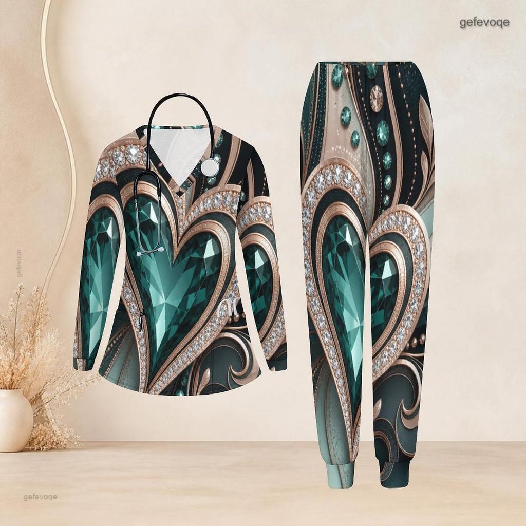 Women Plus Size Black Green Gold Printed Scrub Set V Neck Long Sleeve Pocket Top And Long Pants