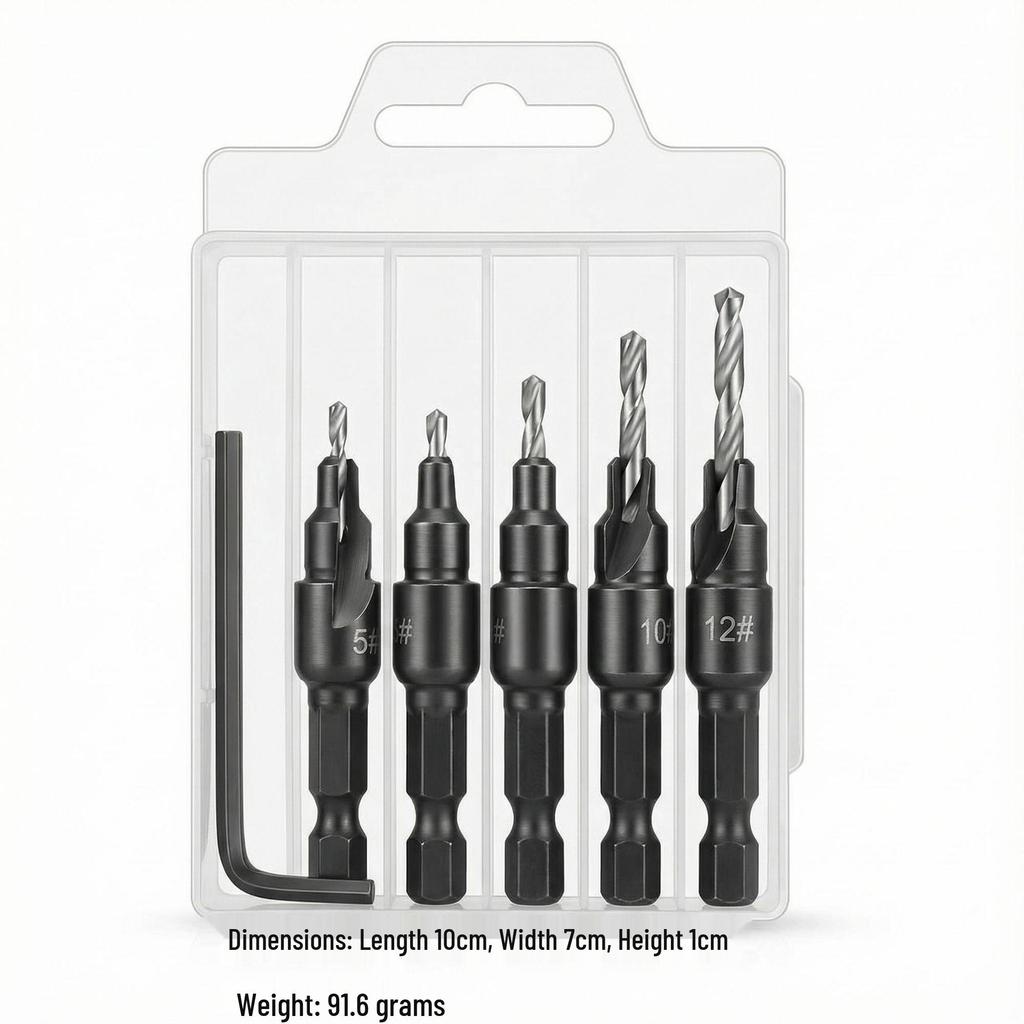 Adjustable Woodworking Countersink Drill Bit Set - Hex Shank, Fast Chip Removal & Hole Opener.